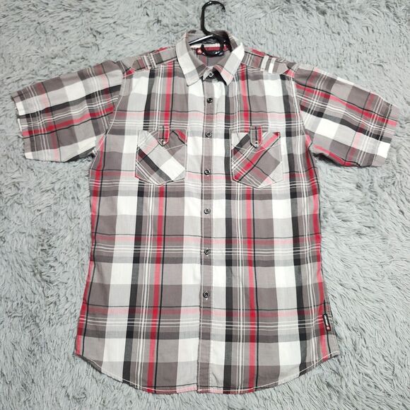 Airwalk Shirt‎ Mens Medium Button Down Up Red Gray Plaid Snap Pockets Skater - Picture 1 of 11